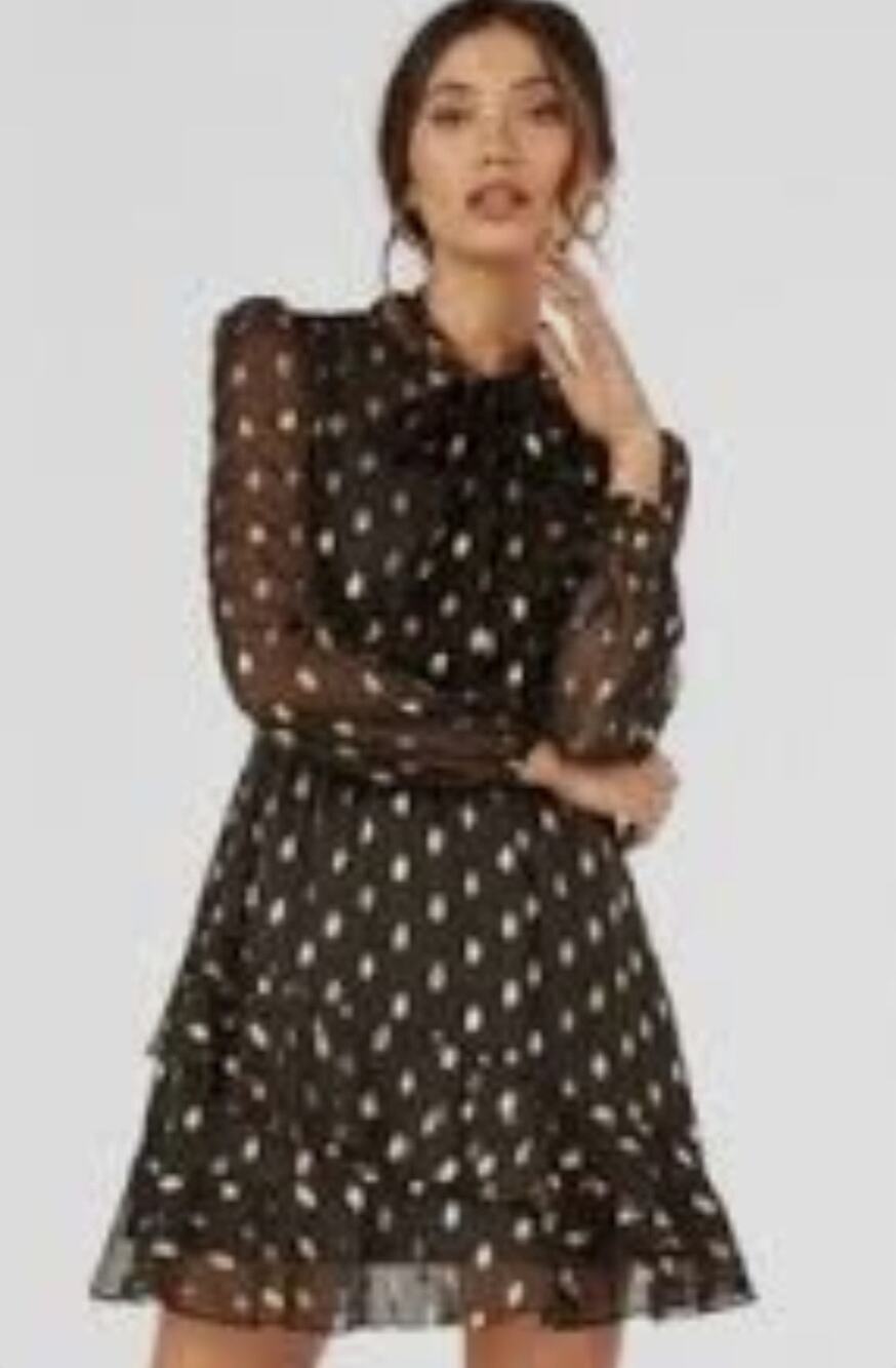 Hem & Thread Dress Womens M Black & Gold Tiered ruffled sheer sleeves ruffles